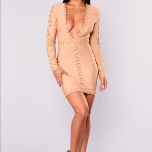 Nude/ gold bandage dress from Fashion Nova.